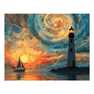 Oil Paint Sunset Lighthouse Photo Print