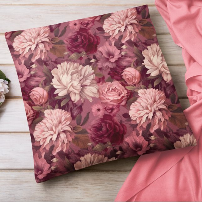 Oil Painted Flowers Burgundy Blush Pink Cushion (Creator Uploaded)