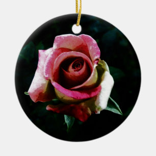 Oil painted red rose ceramic tree decoration