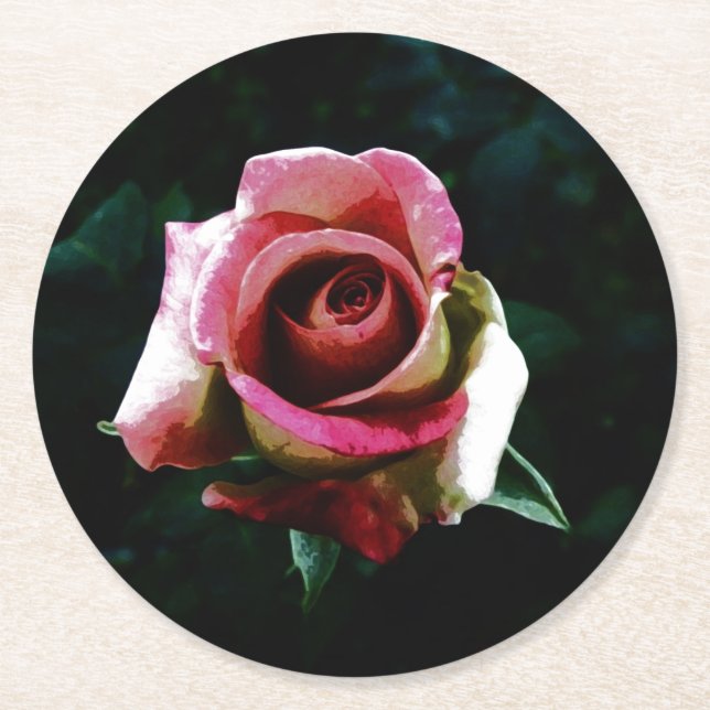 Oil painted red rose round paper coaster (Front)
