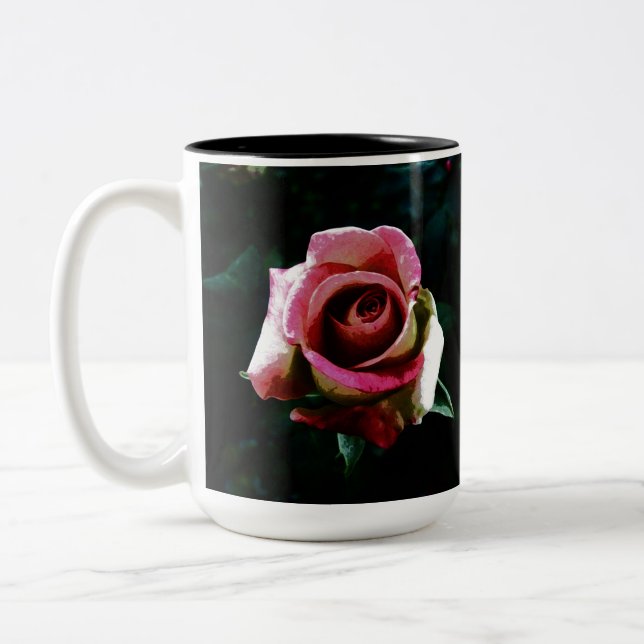 Oil painted red rose Two-Tone coffee mug (Left)
