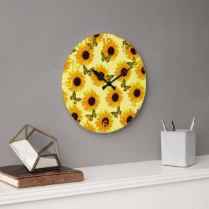 Oil Painted Sunflowers And Butterflies, Large Clock