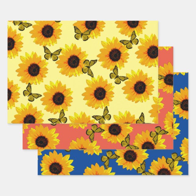 Oil Painted Sunflowers And Butterflies, Wrapping Paper Sheet (Set)