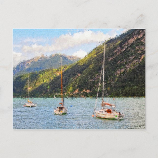 Oil painting Achensee lake in Austria Tirol Boats Postcard (Front)
