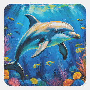 Oil Painting Dolphin Square Sticker