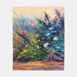 Oil painting flowers, cornflower, daisy in fields. fleece blanket