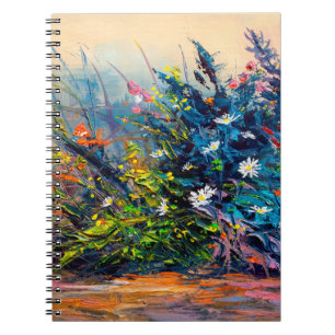 Oil painting flowers, cornflower, daisy in fields. notebook
