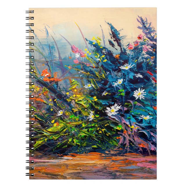 Oil painting flowers, cornflower, daisy in fields. notebook (Front)