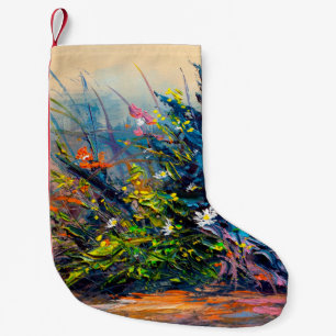 Oil painting flowers, cornflower, daisy in fields. small christmas stocking