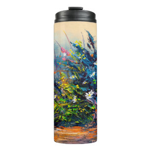 Oil painting flowers, cornflower, daisy in fields. thermal tumbler