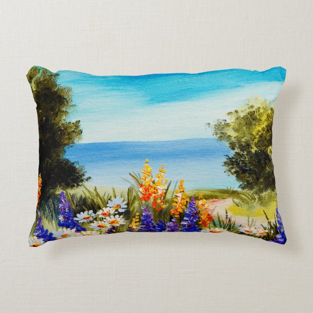 oil painting flowers near the sea, camomile field, decorative cushion (Front)