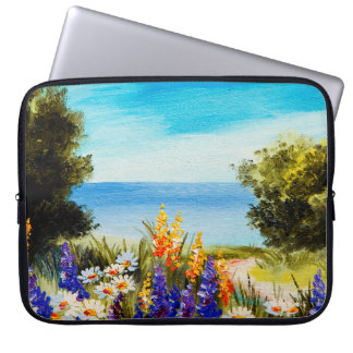 oil painting flowers near the sea, camomile field, laptop sleeve
