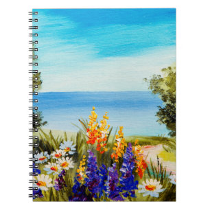 oil painting flowers near the sea, camomile field, notebook