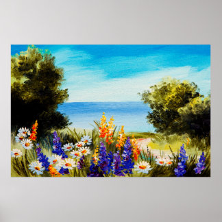 oil painting flowers near the sea, camomile field, poster