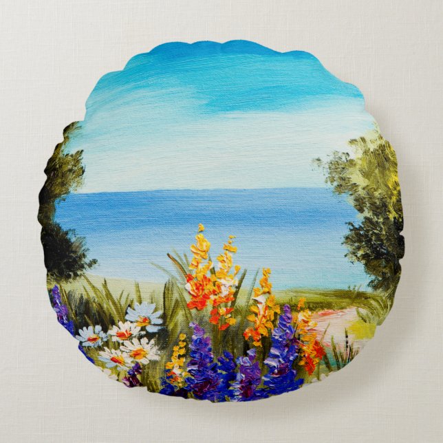 oil painting flowers near the sea, camomile field, round cushion (Front)