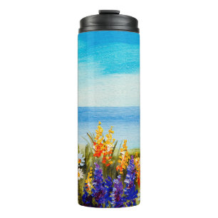 oil painting flowers near the sea, camomile field, thermal tumbler