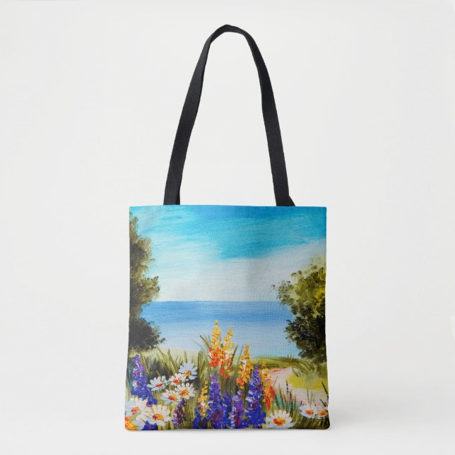 oil painting flowers near the sea, camomile field, tote bag (Front)