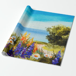 oil painting flowers near the sea, camomile field, wrapping paper