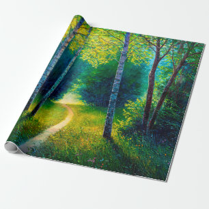 Oil painting forest landscape, beautiful solar roa wrapping paper