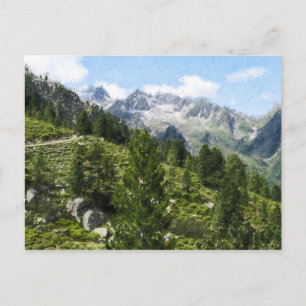 Oil painting illustration of Austrian Alps. Postcard