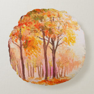Oil painting landscape - colourful autumn forest round cushion