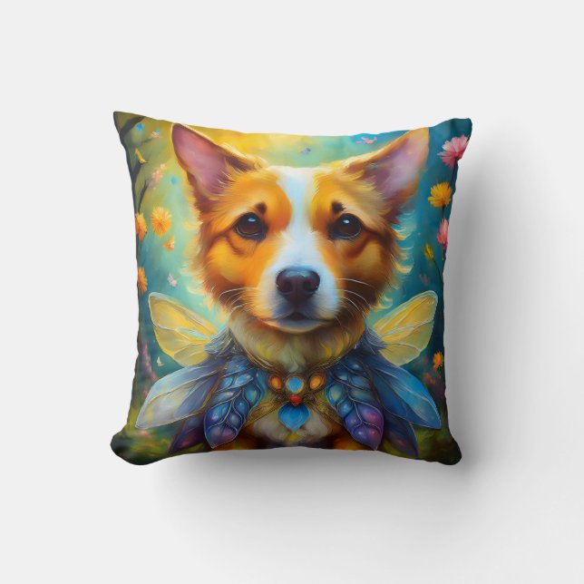 Oil painting of a dog fairy and dwarve warrior cushion (Front)