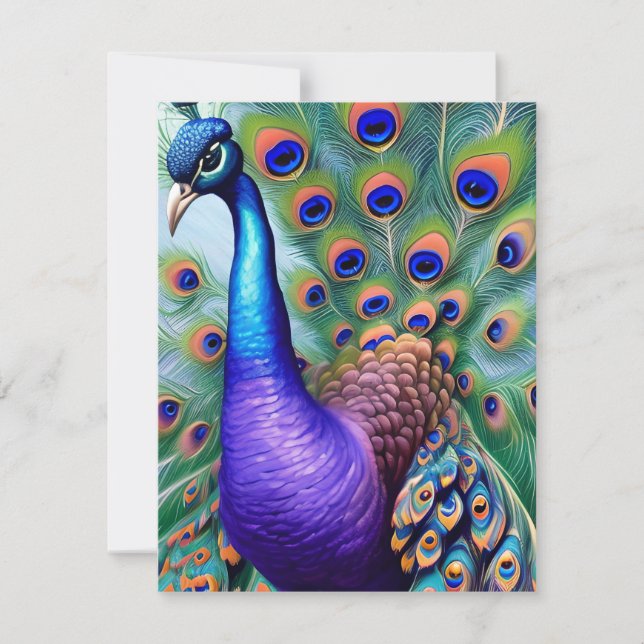 Oil Painting of a Whimsical Purple Peacock Holiday Card (Front)