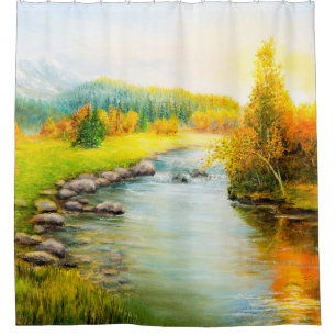 oil painting of beautifl autumn landscape, forest shower curtain