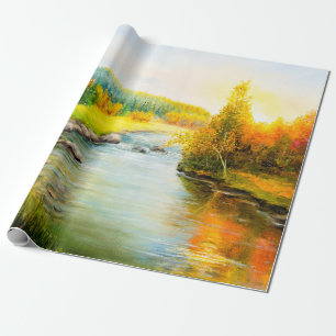  oil painting of beautifl autumn landscape, forest wrapping paper
