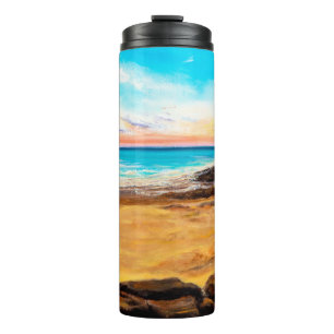oil painting of beautiful golden sunset over ocea thermal tumbler