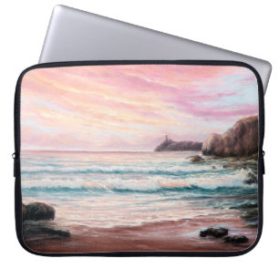 oil painting of beautiful purple sunset over ocea laptop sleeve