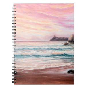  oil painting of beautiful purple sunset over ocea notebook