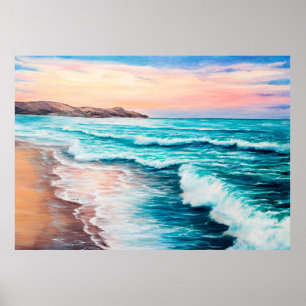  oil painting of beautiful purple sunset over ocea poster