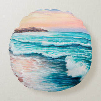  oil painting of beautiful purple sunset over ocea round cushion