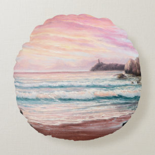 oil painting of beautiful purple sunset over ocea round cushion