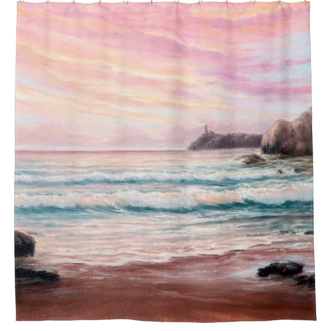 oil painting of beautiful purple sunset over ocea shower curtain (Front)