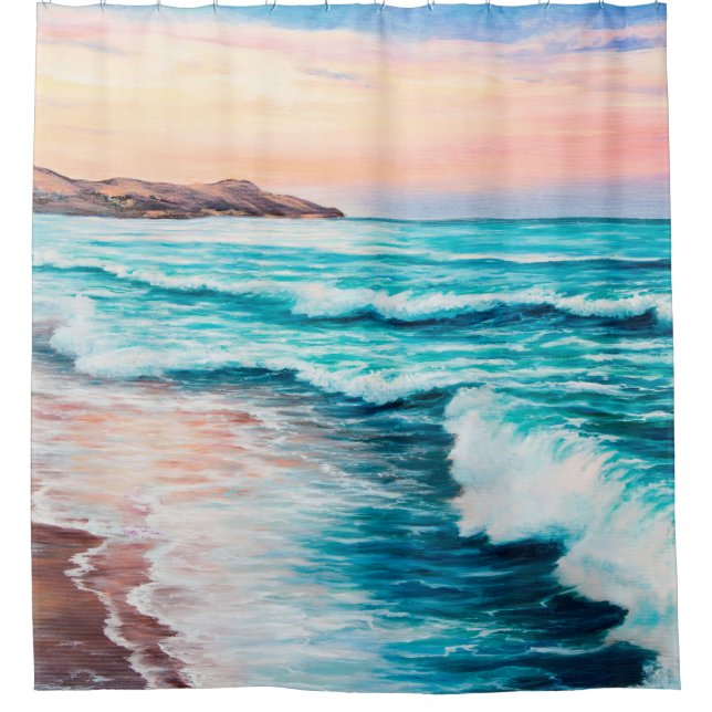  oil painting of beautiful purple sunset over ocea shower curtain (Front)