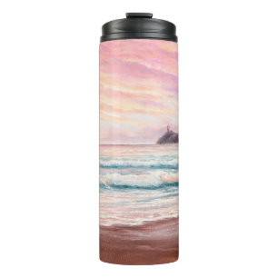 oil painting of beautiful purple sunset over ocea thermal tumbler