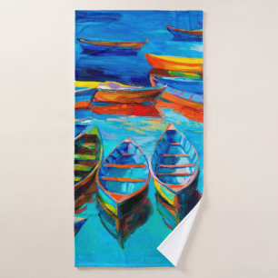 oil painting of boats and sea on canvas. Sunset o Bath Towel