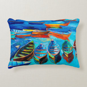 oil painting of boats and sea on canvas. Sunset o Decorative Cushion