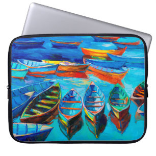  oil painting of boats and sea on canvas. Sunset o Laptop Sleeve