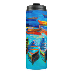  oil painting of boats and sea on canvas. Sunset o Thermal Tumbler
