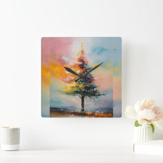 oil painting of christmas tree square wall clock