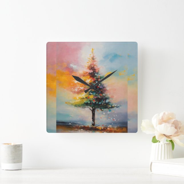 oil painting of christmas tree square wall clock (Home)
