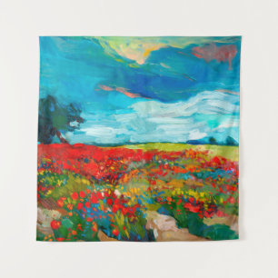 oil painting of fields of flowers on canvas. Coun Tapestry