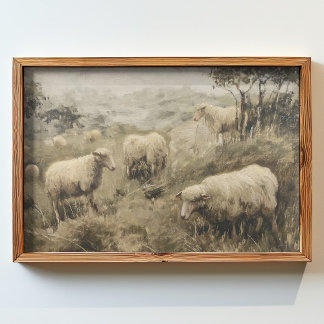 oil painting of  group of sheep grazing in a field poster