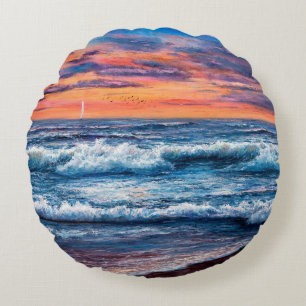 oil painting of Ocean and beach on canvas. Rich g Round Cushion