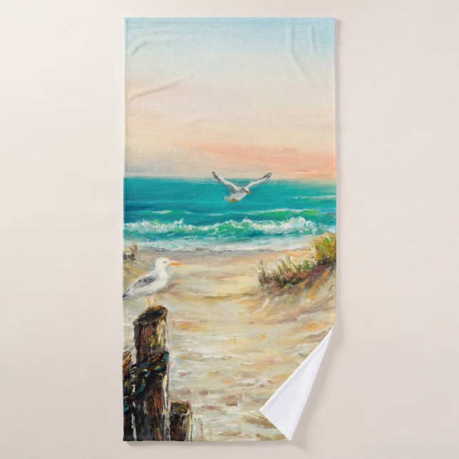  oil painting of ocean beach dunes with seagulls o bath towel (Bath Towel)