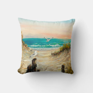 oil painting of ocean beach dunes with seagulls o cushion
