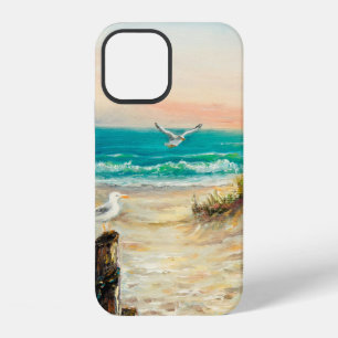 oil painting of ocean beach dunes with seagulls o iPhone 12 case
